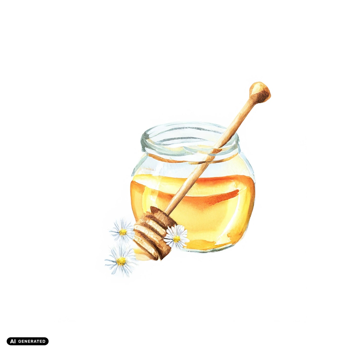 Ein KI generiertes Bild von Honig in einem Glasbehälter. Mit angelehnten, hölzernen Honiglöffel, umgeben von Blumen.