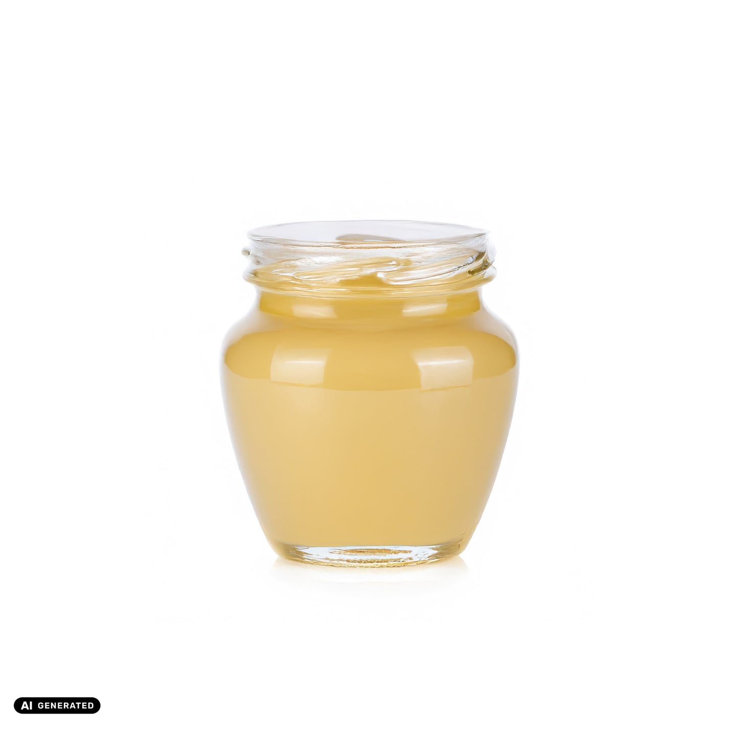 Ein KI generiertes Bild von Honig in einem Glasbehältern auf weißem Hintergrund. Keine Aufschrift.