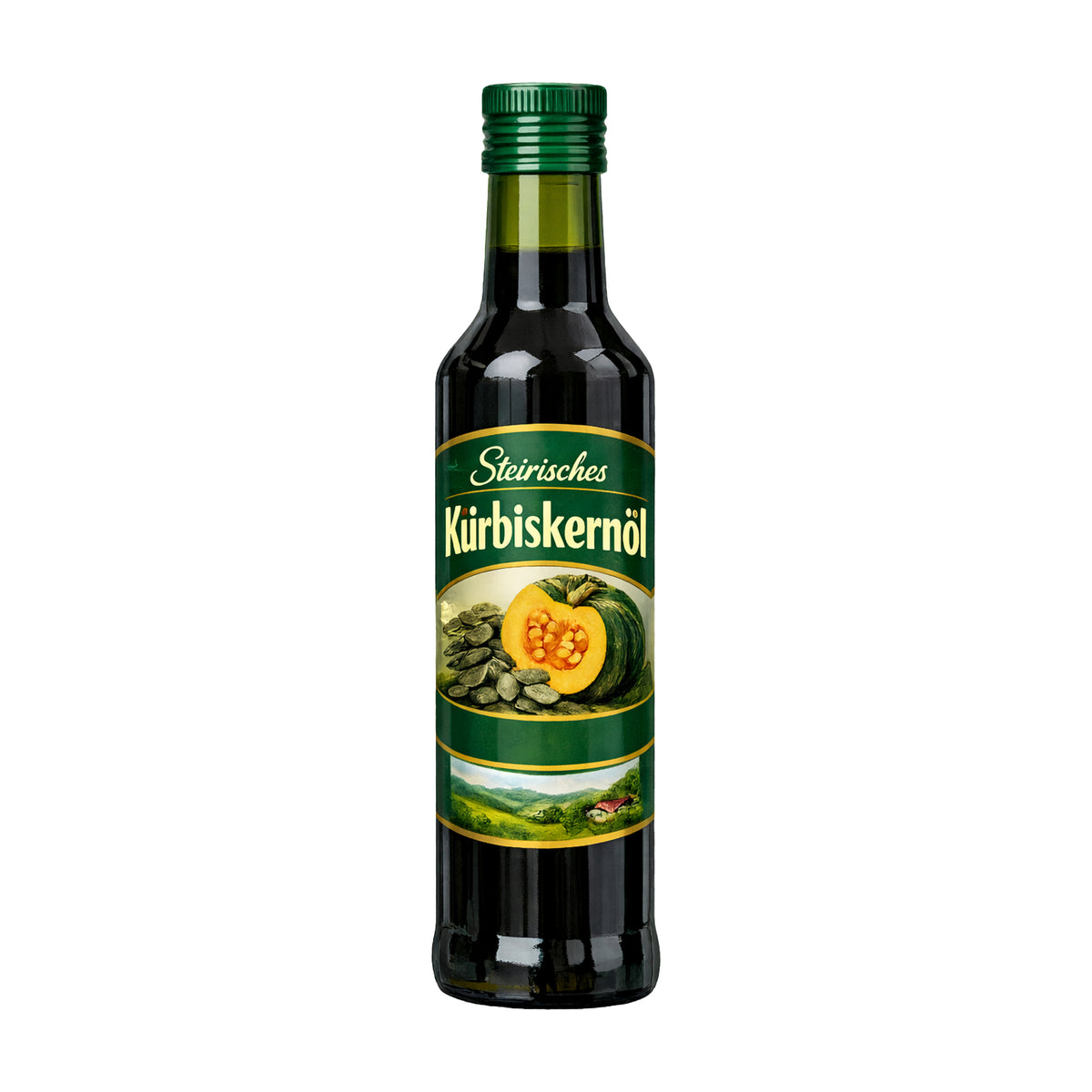 Eine Flasche Kernöl mit der Aufschrift: Steirisches Kürbiskernöl auf weißem Hintergrund