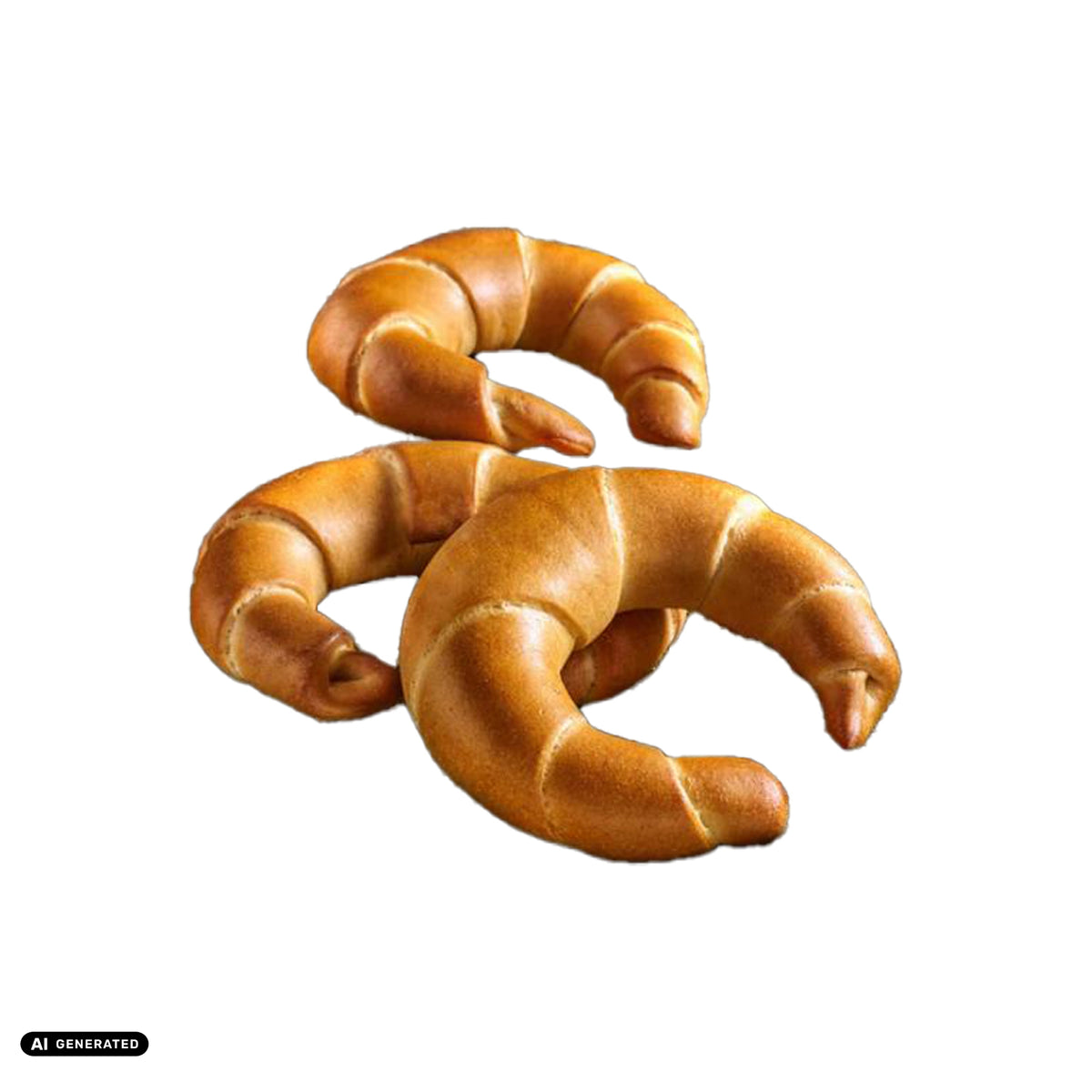 Ein KI generiertes Bild von drei Stück Frühstückskipferl auf einem weißen Hintergrund