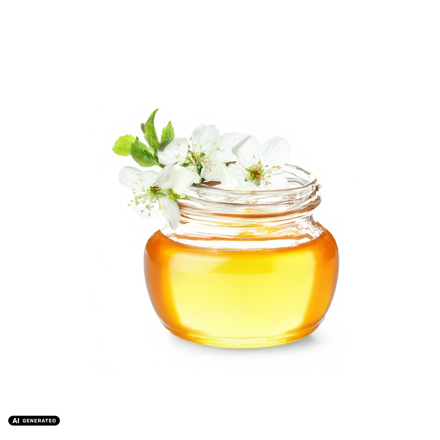 Ein KI generiertes Bild von Honig in einem Glasbehälter mit Blumen darauf, auf weißem Hintergrund.